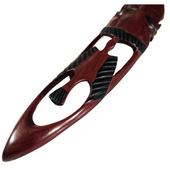 VINTAGE Folk Art Hand Carved Wood Face Tribal Wall Art Woman Long Mask 13.5x3" - Picture 11 of 15